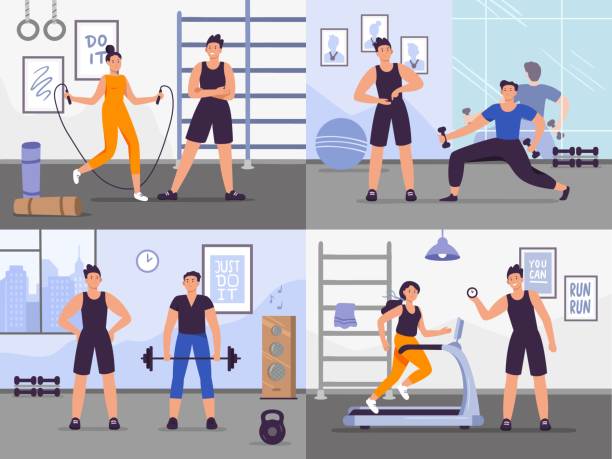 gym-trainer. vektor-illustration set menschen training - coach individuality organized group gym stock-grafiken, -clipart, -cartoons und -symbole