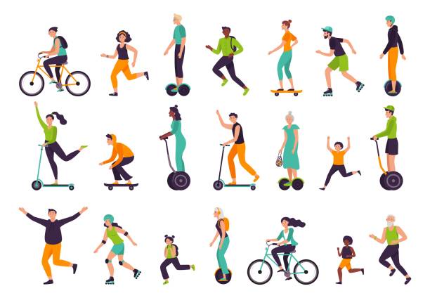 ilustrações de stock, clip art, desenhos animados e ícones de active people. healthy lifestyle, outdoor activities, running and jogging. bike riding, skateboarding, rollerblading vector illustration set - roller skate