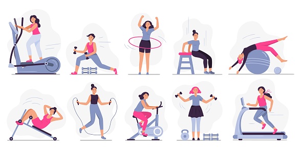 Woman at sport gym. Vector illustration set. Female run on treadmill, equipment for fitness in gym, workout people, training exercise collection