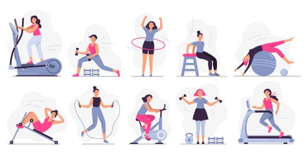 Woman at sport gym. Vector illustration set Woman at sport gym. Vector illustration set. Female run on treadmill, equipment for fitness in gym, workout people, training exercise collection exercise stock illustrations