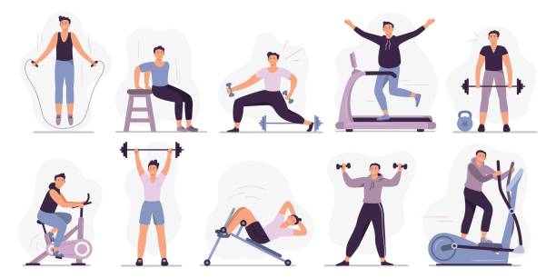 człowiek na siłowni sportowej. zestaw ilustracji wektorowych - treadmill stock illustrations