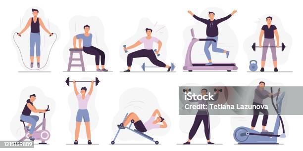 Man At Sport Gym Vector Illustration Set Stock Illustration - Download Image Now - Exercising, Gym, Healthy Lifestyle