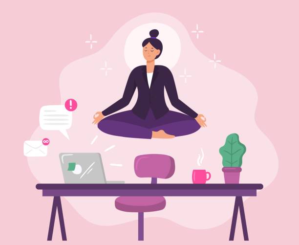 Business woman worker meditation yoga. Vector illustration Business woman worker meditation. Vector illustration. Business female worker yoga, lotus meditation manager in cabinet, boss relax balance stock illustrations