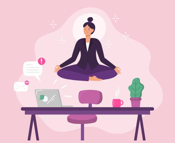 Business woman worker meditation yoga. Vector illustration Business woman worker meditation. Vector illustration. Business female worker yoga, lotus meditation manager in cabinet, boss relax meditation room office stock illustrations
