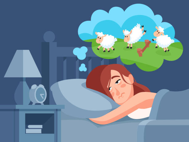ilustrações de stock, clip art, desenhos animados e ícones de woman counts sheep to sleep. insomnia cartoon vector illustration - clock face illustrations