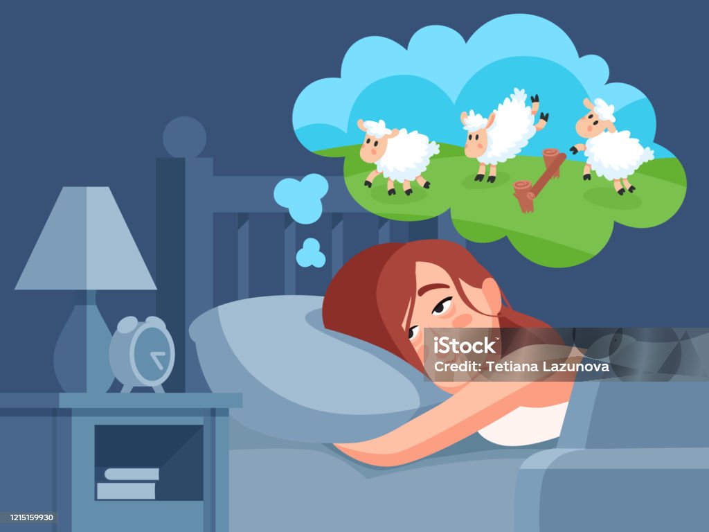 Người Phụ Nữ Đếm Cừu Để Ngủ Hình Minh Họa Vector Hoạt Hình Mất Ngủ ...