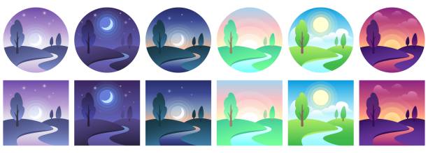 ilustrações, clipart, desenhos animados e ícones de ícones do tempo da paisagem. círculo diurno do céu e campo e conjunto de vetores de ícones quadrados - night piece