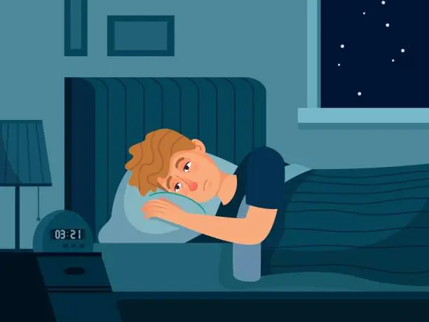 Vector illustration of Man with insomnia. Sleep disorder, man lies in bed with his eyes open, male person cant sleep at night vector illustration
