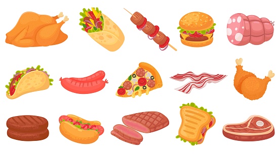Cartoon meat food. Fried chicken legs, burger and grilled steak. Beacon, hot dogs and sausages. Burrito, taco and sandwich vector illustration set. Steak barbecue, beef cooking, pizza and drumstick
