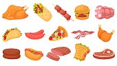 Cartoon meat food. Fried chicken legs, burger and grilled steak. Beacon, hot dogs and sausages. Burrito, taco and sandwich vector illustration set