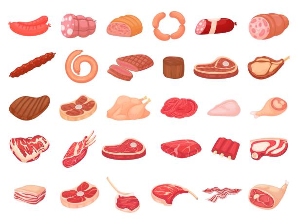 만화 고기 제품입니다. 닭고기, 소시지, 소시지. 스테이크, 돼지고기 베이컨, 갈비 벡터 세트 - 고기 일러스트 stock illustrations