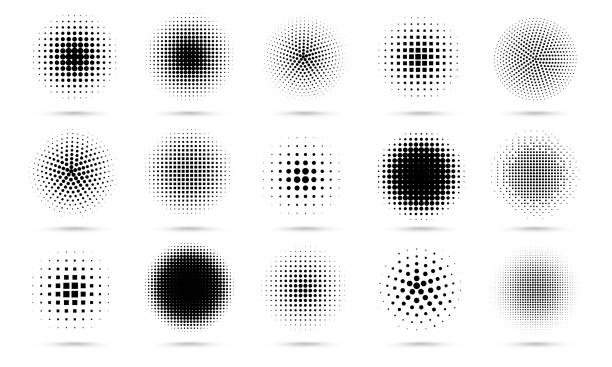 円のハーフトーン。抽象的な点線円、丸いハーフトーンの幾何学的ドット勾配とポップアートのテクスチャ。ドットスプレーグラデーションベクトルセット - 斑点点のイラスト素材／クリップアート素材／マンガ素材／アイコン素材
