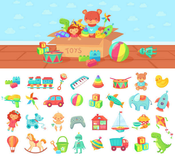 Cartoon toys. Vector set of kids play, block and doll Cartoon toys. Vector set of kids play, block and doll, rattle car and cute elephant, joystick and box with game illustration child robot class stock illustrations