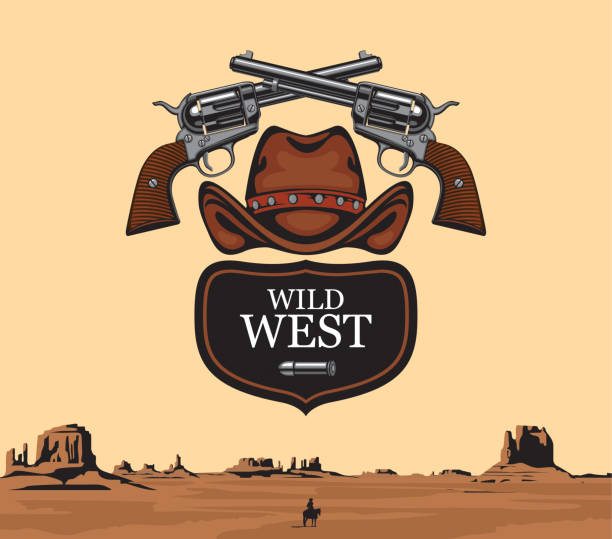 Vector banner on the theme of the Wild West Vector banner with two old crossed revolvers, bullet and cowboy hat with words Wild west on the background of western landscape with a silhouette of a cowboy on a horse. A lone rider in the desert theme wild wild west stock illustrations