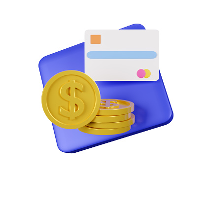 Payment icon. Coins with dollar symbol, credit card. 3d render