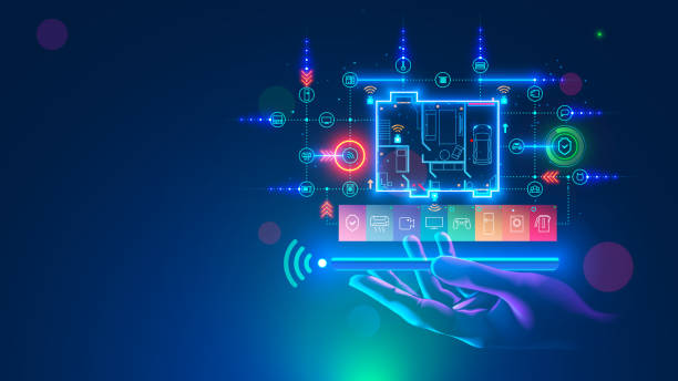 ilustrações, clipart, desenhos animados e ícones de casa inteligente sobre tela de smartphone na mão, vista lateral. app de celular de controle remoto iot, automação de dispositivos domésticos tecnologia. plano de piso da casa com ícones internet das coisas. - direct light