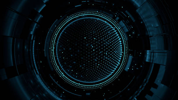 3d illustration futuristic background with large sphere and neon dots front view closeup 3d illustration of abstract dark sphere with blue neon dots patterns and dark architectural structure background center of the universe stock pictures, royalty-free photos & images