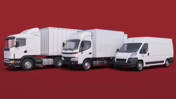 istock White Trucks and Delivery Van on Red Background 1215167262