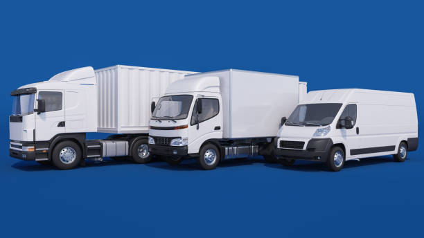 istock White Delivery Van and Trucks on Blue Background 1215168616