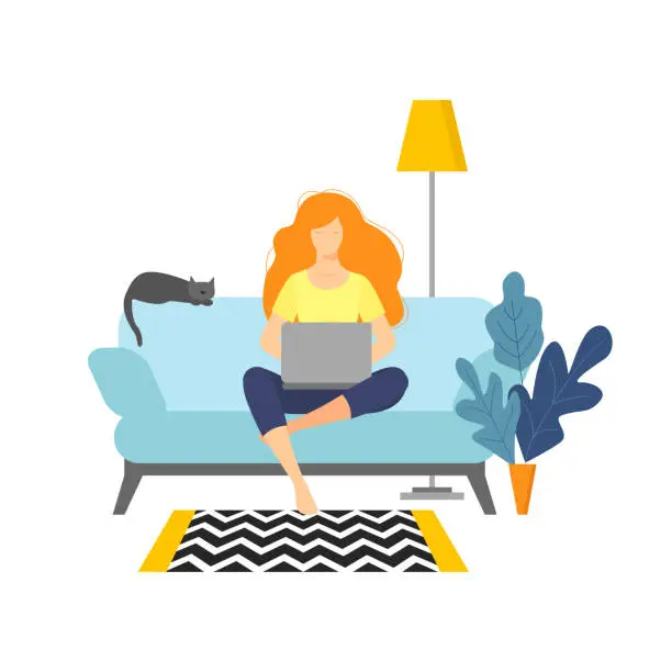 Vector illustration of Woman with laptop sitting on the sofa. Freelance or studying concept.