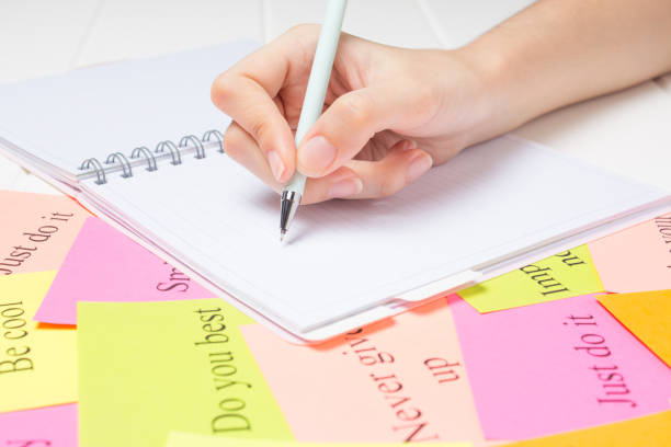 istock The hand writes on a white page in the daily planner.Student, study, synopsis. Affirmations, visualization, to-do lists. Plan, strategy, dream, desire. Cards with words. Concept, project. 1215170302