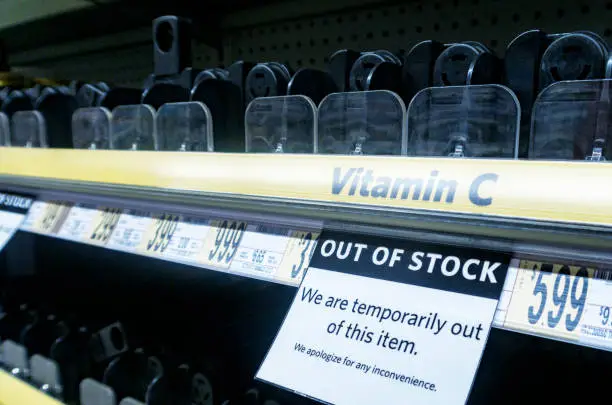 COVID-19 Coronavirus retail shopping food, groceries and pharmacy supermarket drugs, vitamins and medicine products completely empty display shelves.