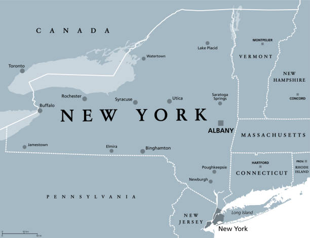New York State (NYS), gray colored political map New York State (NYS), gray political map, with capital Albany, borders and important cities. State in Northeastern United States of America. English labeling. Illustration on white background. Vector. rochester new york state stock illustrations