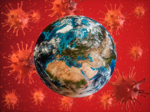 Coronavirus Abstract with Europe  World map texture credits to NASA: https://visibleearth.nasa.gov/images/74218