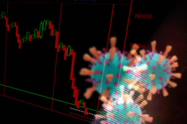 istock Financial Crash. Trading screen and Corona virus. Abstract image. 1215178142