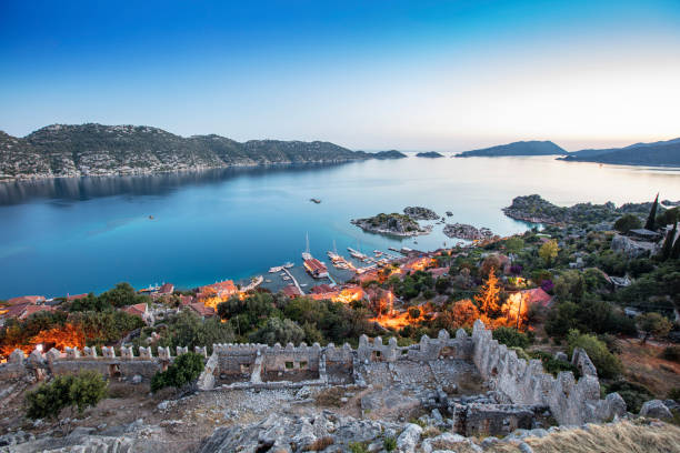 Kalekoy view in Kekova Gulf. Kalekoy view in Kekova Gulf. Kekova is popular tourist destination in Turkey. kekova stock pictures, royalty-free photos & images