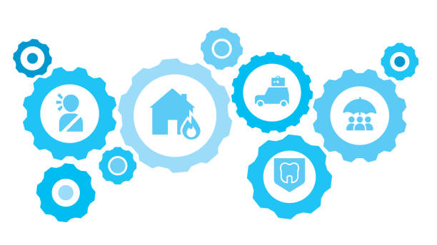 istock Connected gears and icons for logistic, service, shipping, distribution, transport, market, communicate concepts. Business, employee, group, insurance gear blue icon set 1215184654