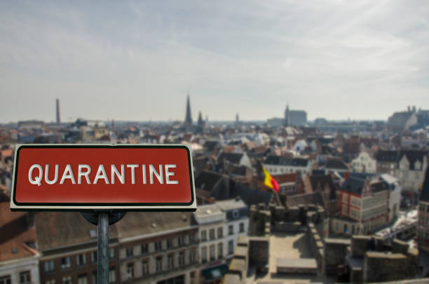 Quarantine sign with Brussels, Belgium. Warning about epidemic quarantine in Belgium. Coronavirus disease. COVID-2019 alert sign