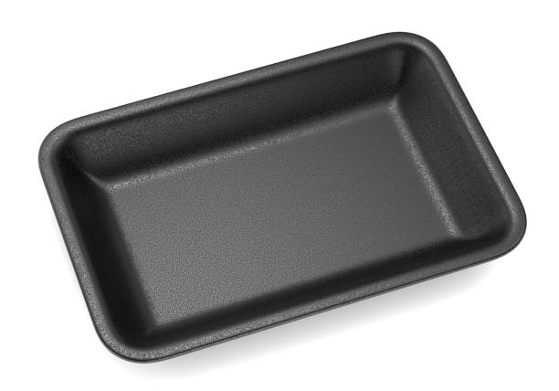 istock Black foam plastic food tray on white background 1215189825