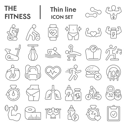 Fitness thin line icon set. Health care and sport signs collection, sketches, logo illustrations, web symbols, outline style pictograms package isolated on white background. Vector graphics