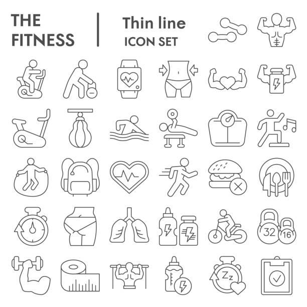 Fitness thin line icon set. Health care and sport signs collection, sketches, logo illustrations, web symbols, outline style pictograms package isolated on white background. Vector graphics. Fitness thin line icon set. Health care and sport signs collection, sketches, logo illustrations, web symbols, outline style pictograms package isolated on white background. Vector graphics weight illustrations stock illustrations
