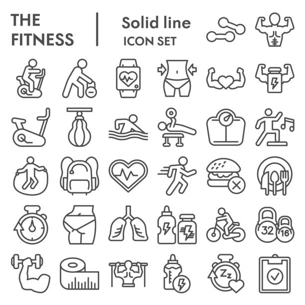 Fitness line icon set. Health care and sport signs collection, sketches, logo illustrations, web symbols, outline style pictograms package isolated on white background. Vector graphics. Fitness line icon set. Health care and sport signs collection, sketches, logo illustrations, web symbols, outline style pictograms package isolated on white background. Vector graphics weight loss stock illustrations