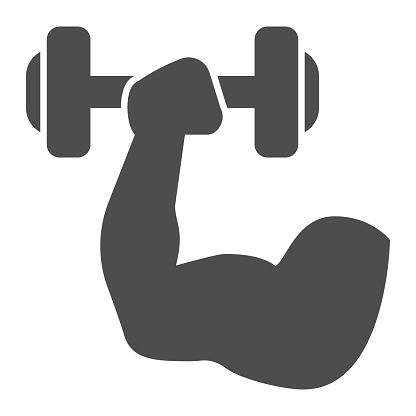 Muscle hand with weights line and solid icon. Sport muscular arm holding dumbbell symbol, outline style pictogram on white background. Fitness sign for mobile concept and web design. Vector graphics