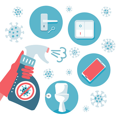 2019-nCoV covid-19 virus protection tips. Coronovirus alert. Set of flat vector illustration. What items to disinfect - door handle, toilet, telephone, switch. Sanitizer in hand