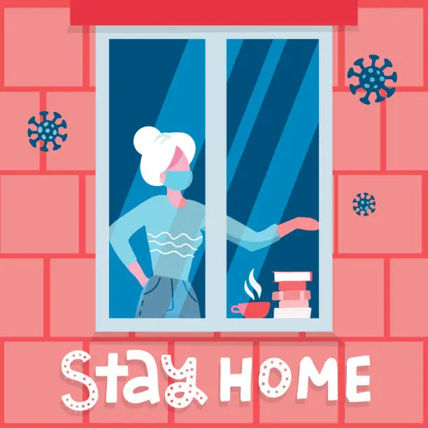 Vector illustration of Old woman staying by the window with cup of tea and books in self quarantine, protection from virus. Coronavirus prevention concept. Vector alt illustration with lettering text Stay at home