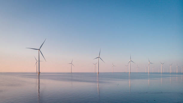 空中から風力タービン、オランダ最大のアイセルマイヤー湖の風車農場をウィンドパークウェスターマイヤーダイクでドローンビュー、持続可能な開発、再生可能エネルギー - タービン ストックフォトと画像