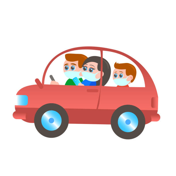 ilustraciones, imágenes clip art, dibujos animados e iconos de stock de la familia en máscaras protectoras monta un coche. - family in car