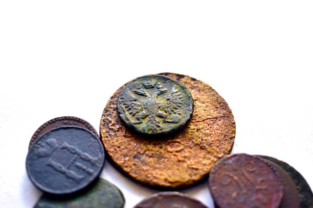 istock Multicolored old and ancient Russian coins on a white background 1215198142