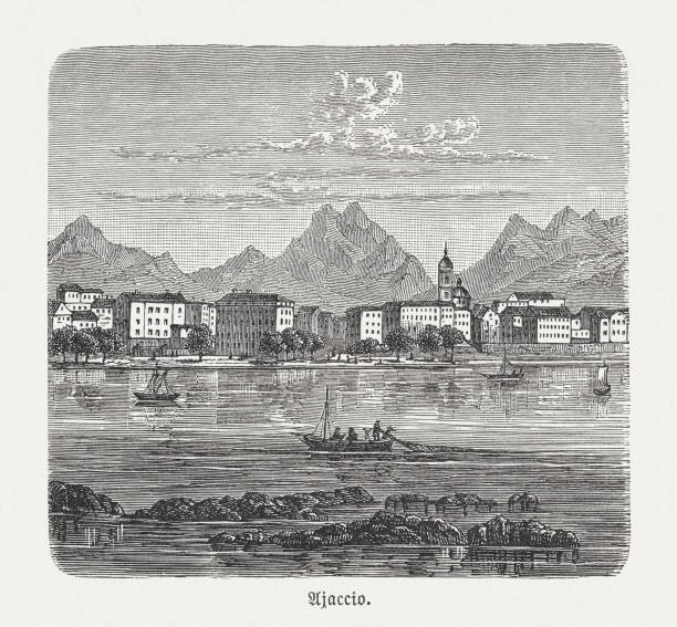 illustrations, cliparts, dessins animés et icônes de vue historique d’ajaccio, corse, france, gravure sur bois, publié en 1893 - ajaccio