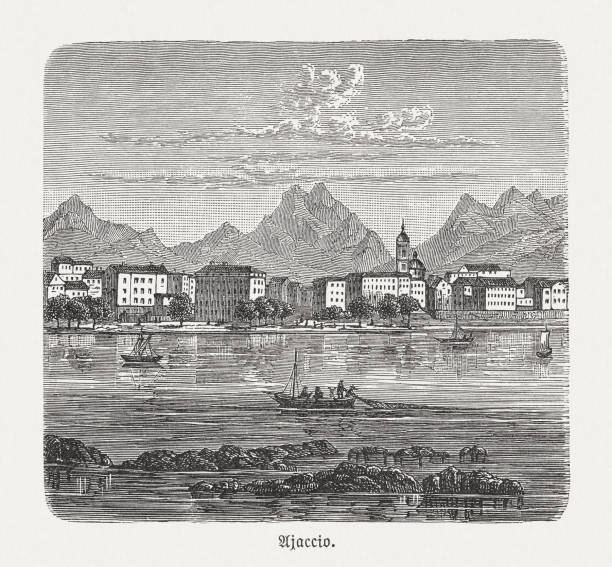 illustrazioni stock, clip art, cartoni animati e icone di tendenza di veduta storica di ajaccio, corsica, francia, incisione su legno, pubblicata nel 1893 - ajaccio