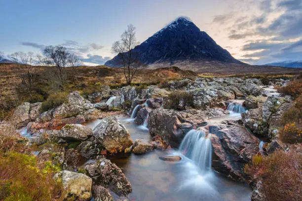 Buachaille Etive Mor, the distinctive pyramidal mountain that sits at the head of Glencoe in the Scottish Highlands, Scotland.