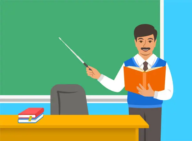 Vector illustration of Indian teacher with book near blackboard in class