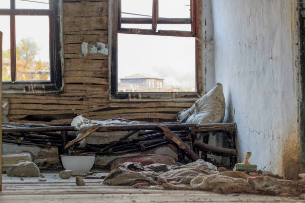 istock Bed made of tree branches in a very old house 1215207431