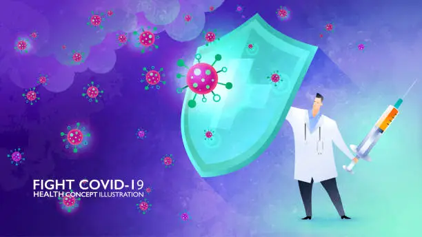 Vector illustration of Fight Covid-19 concept illustration. Doctor rising the shield against the storm of viruses and ready to fight back with the vaccine in his hand. Vector design template.