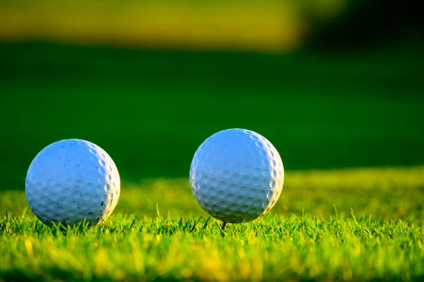 istock Excellent well-kept green grass lawn on large golf course, green section with big white foam balls for beginners on Tenerife island, Canary, Spain 1215211472