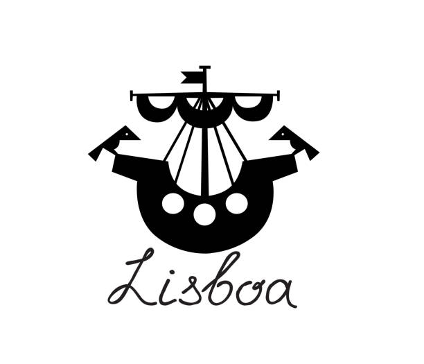 ilustrações de stock, clip art, desenhos animados e ícones de lisbon city touristic icon. ship with birds lisboa city symbol. travel portugal sign with lettering lisboa. - douro